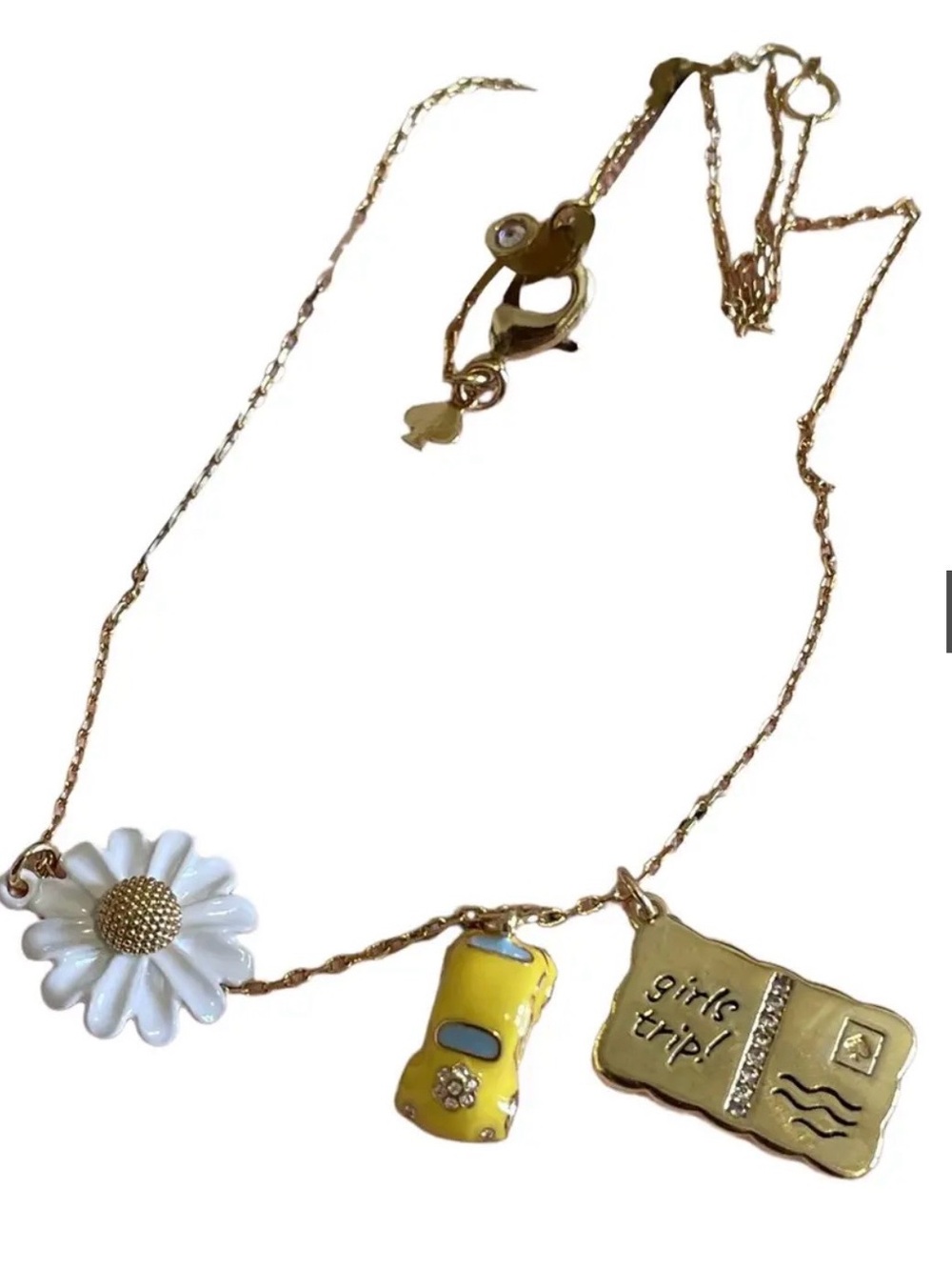 Kate Spade Hard to Find “Off We Go” Daisy, Car & Postcard Charm Necklace